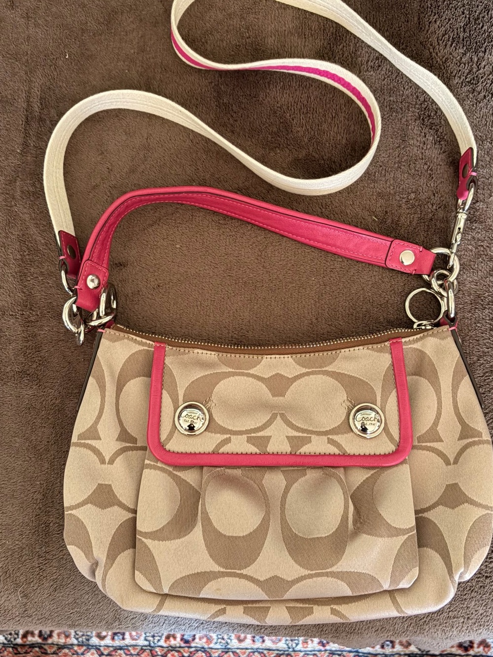 Coach Khaki Signature Canvas Crossbody with Pink Trim